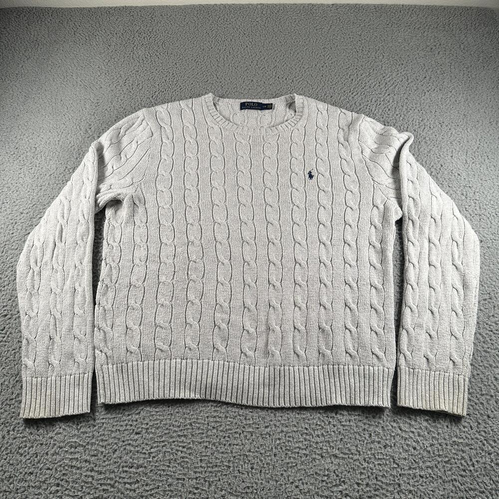 Polo Ralph Lauren Sweater Mens L Gray Cable Knit Crewneck Long Sleeve Logo